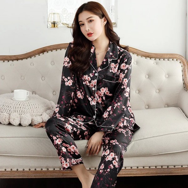 Ensemble de pyjama en soie satinée pour femme, tenue de nuit à boutons, 2 pièces|17,04 €|OKKO MODE