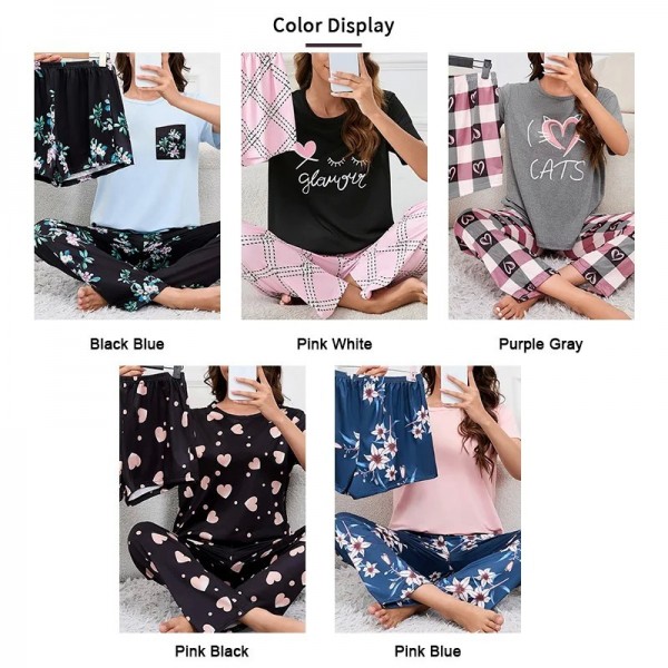 Ensemble de pyjamas 3 pièces pour femmes, vêtements de nuit haut à manches courtes avec short et pantalon long|6,93 €|OKKO MODE