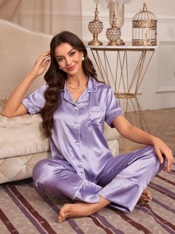 Ensemble de pyjama 2 pièces pour femme, manches courtes, bouton avant et poche poitrine|8,97 €|OKKO MODE