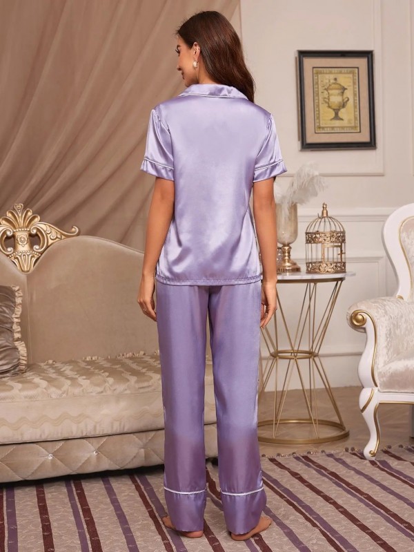 Ensemble de pyjama 2 pièces pour femme, manches courtes, bouton avant et poche poitrine|8,97 €|OKKO MODE