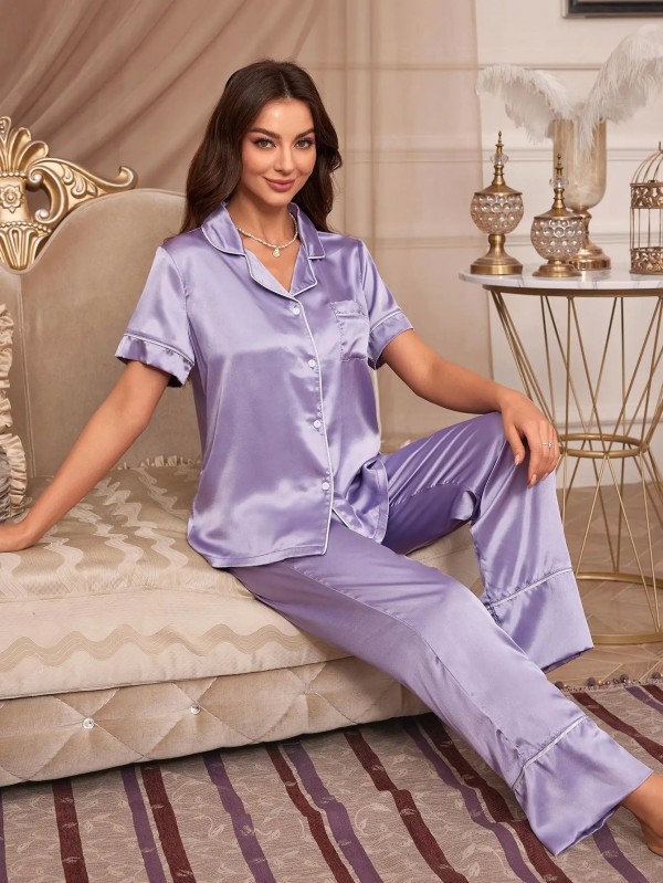 Ensemble de pyjama 2 pièces pour femme, manches courtes, bouton avant et poche poitrine|8,97 €|OKKO MODE