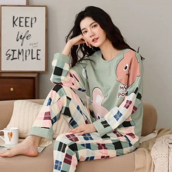 Ensemble de pyjama deux pièces à manches longues pour femmes, motif dessin animé