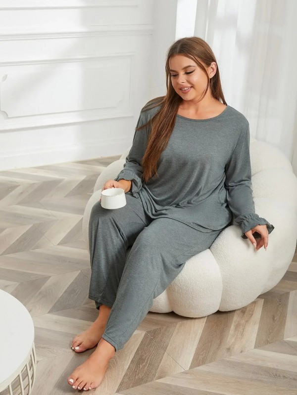 Ensemble de pyjama monochrome pour femme, haut à manches longues et pantalon volanté|11,96 €|OKKO MODE