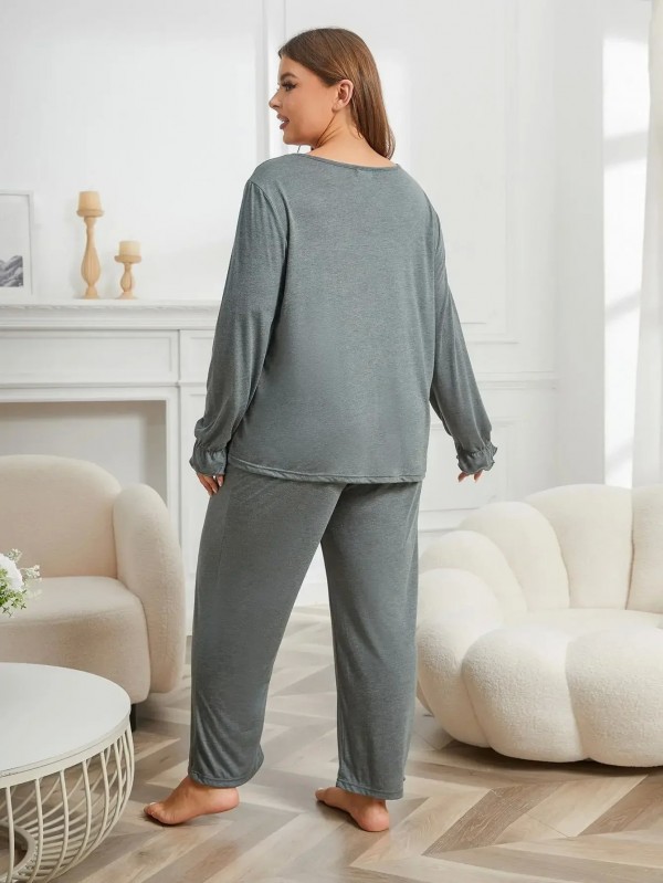 Ensemble de pyjama monochrome pour femme, haut à manches longues et pantalon volanté|11,96 €|OKKO MODE