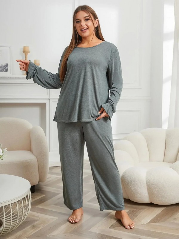 Ensemble de pyjama monochrome pour femme, haut à manches longues et pantalon volanté|11,96 €|OKKO MODE