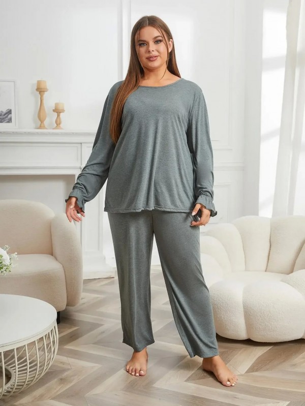 Ensemble de pyjama monochrome pour femme, haut à manches longues et pantalon volanté|11,96 €|OKKO MODE