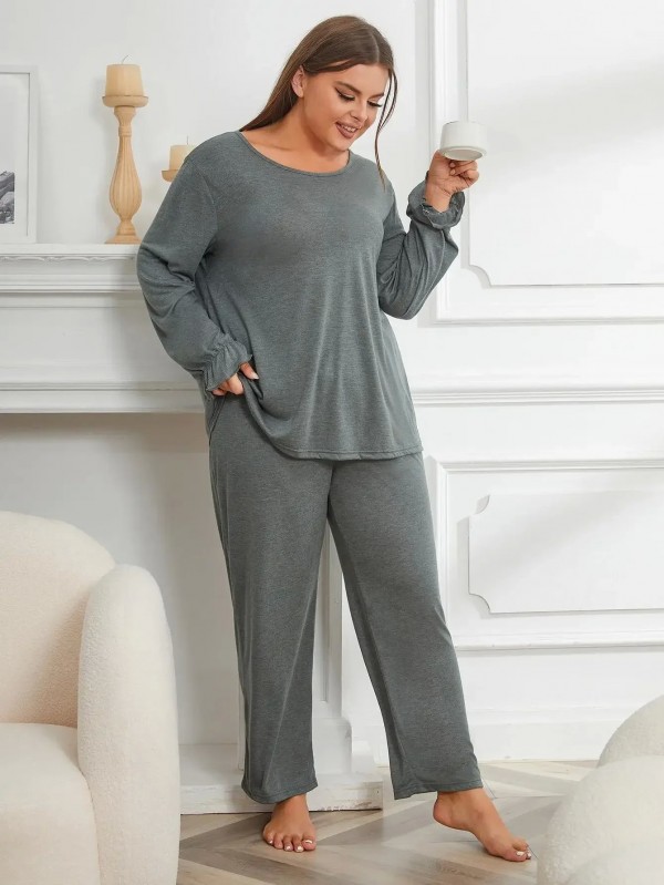 Ensemble de pyjama monochrome pour femme, haut à manches longues et pantalon volanté|11,96 €|OKKO MODE