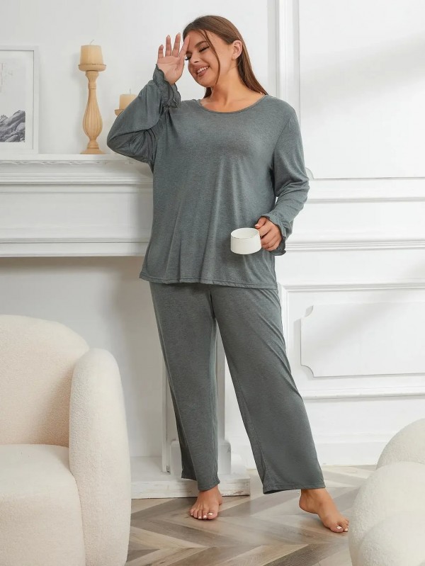 Ensemble de pyjama monochrome pour femme, haut à manches longues et pantalon volanté|11,96 €|OKKO MODE