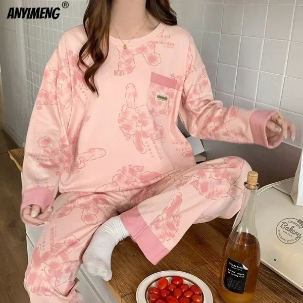 Pyjama en coton à manches longues pour femmes, vêtements de nuit décontractés|8,00 €|OKKO MODE