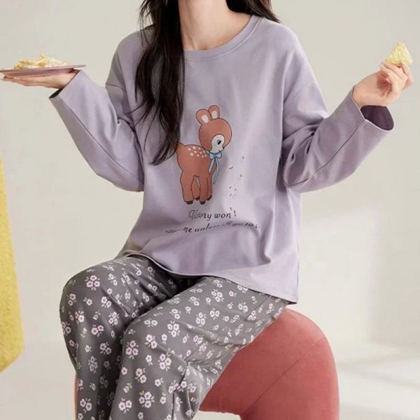 Pyjama en coton à manches longues pour femmes, vêtements de nuit décontractés