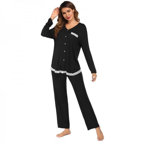 Ensemble de vêtements de nuit à manches longues pour femmes, pantalons longs en patchwork dentelle