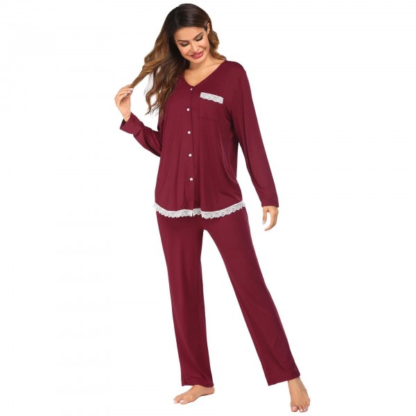 Ensemble de vêtements de nuit à manches longues pour femmes, pantalons longs en patchwork dentelle|41,39 €|OKKO MODE