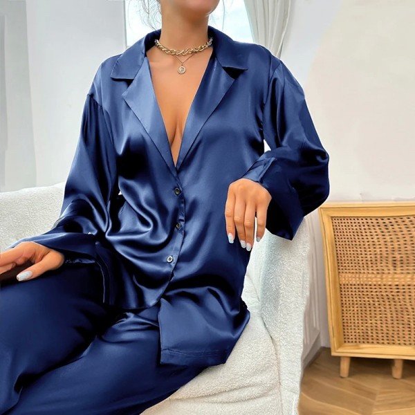 Pyjama décontracté en satin pour femmes, manches longues et col à revers|7,92 €|OKKO MODE