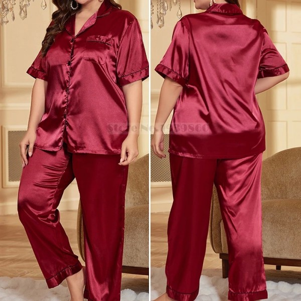 Ensemble de pyjamas grande taille pour femmes, printemps/été en satin surintendant ser imbibé décontracté|15,07 €|OKKO MODE