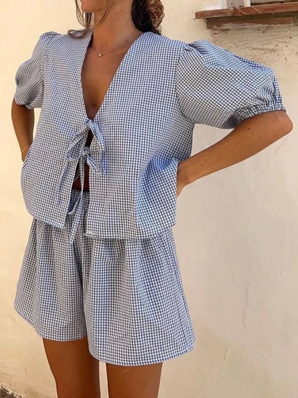 Ensemble de pyjama à carreaux pour femme, col en V et manches bouffantes