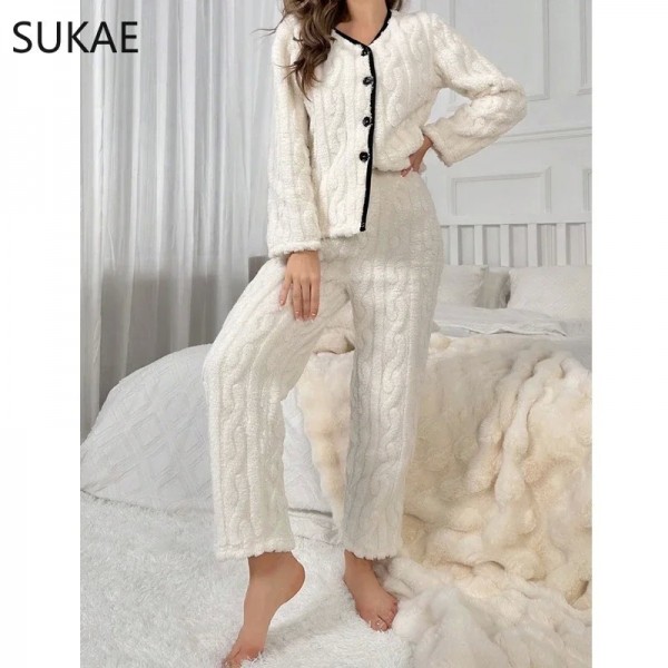 Ensemble de pyjamas d'hiver chauds pour femmes, vêtements de nuit moelleux en jacquard|18,90 €|OKKO MODE