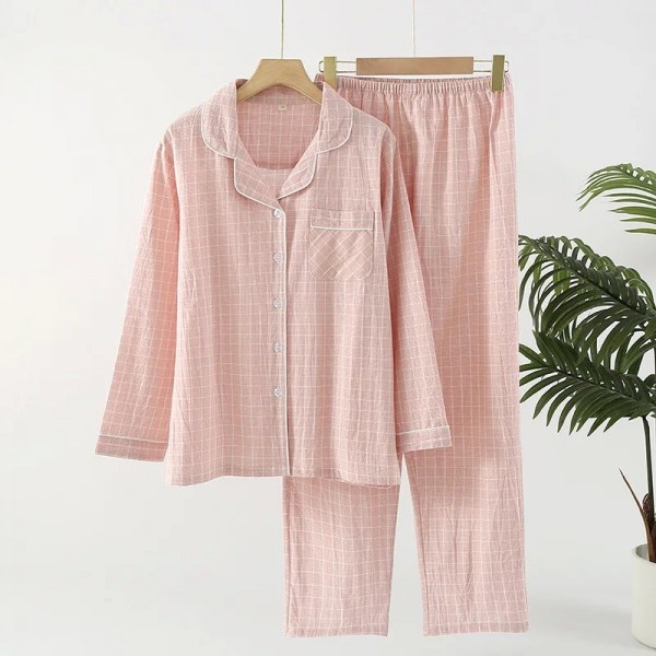 Ensemble de pyjama 2 pièces style japonais pour couple, coton, pantalon manches longues carreaux simple|12,96 €|OKKO MODE