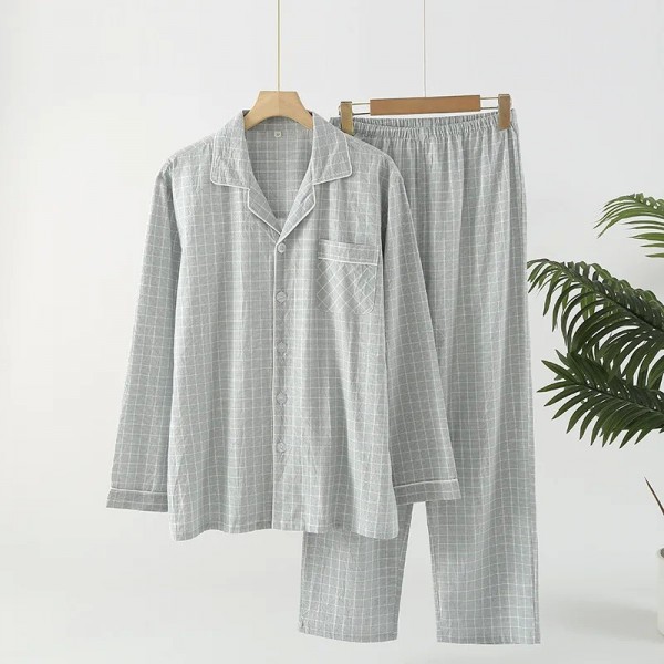 Ensemble de pyjama 2 pièces style japonais pour couple, coton, pantalon manches longues carreaux simple|12,96 €|OKKO MODE