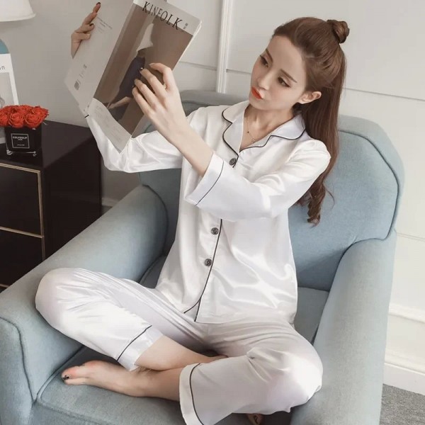 Ensemble de pyjamas en satin pour femmes, vêtements de nuit à col rabattu et détente douce|3,06 €|OKKO MODE