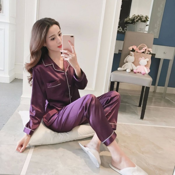 Ensemble de pyjamas en satin pour femmes, vêtements de nuit à col rabattu et détente douce|3,06 €|OKKO MODE