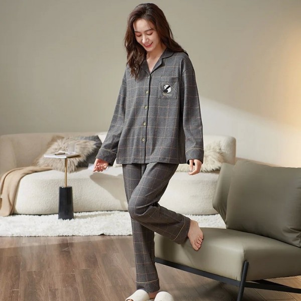 Ensembles de pyjamas pour femmes 2 pièces à carreaux manches longues gris pur coton|50,39 €|OKKO MODE