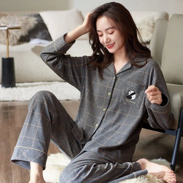 Ensembles de pyjamas pour femmes 2 pièces à carreaux manches longues gris pur coton|50,39 €|OKKO MODE