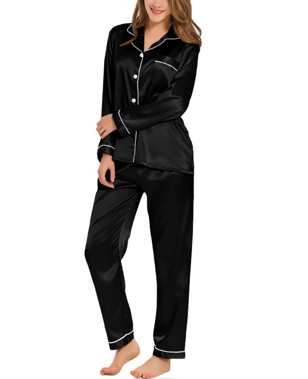 Pyjama en Satin de soie pour femmes, ensemble vêtements nuit deux pièces