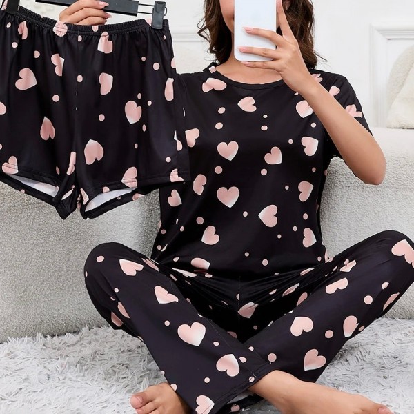 Ensemble de pyjama à manches courtes pour femmes, col rond et short 3 pièces