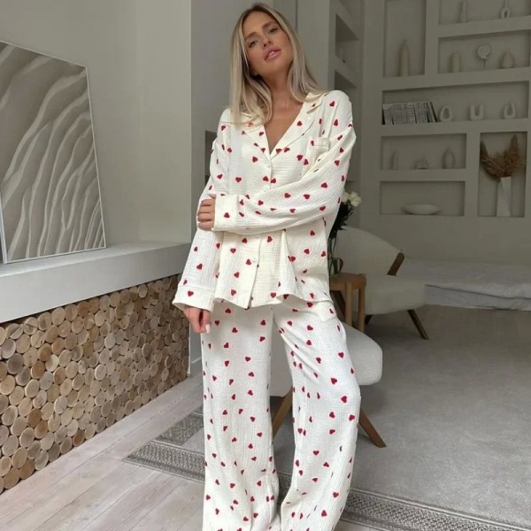 Ensemble de pyjamas 2 pièces en mousseline pour femmes imprimé Love Tops confortables à manches longues