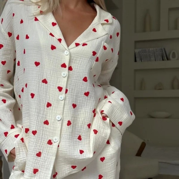 Ensemble de pyjamas 2 pièces en mousseline pour femmes imprimé Love Tops confortables à manches longues|34,07 €|OKKO MODE