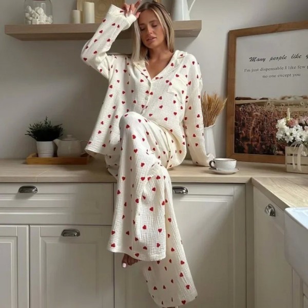 Ensemble de pyjamas 2 pièces en mousseline pour femmes imprimé Love Tops confortables à manches longues|34,07 €|OKKO MODE