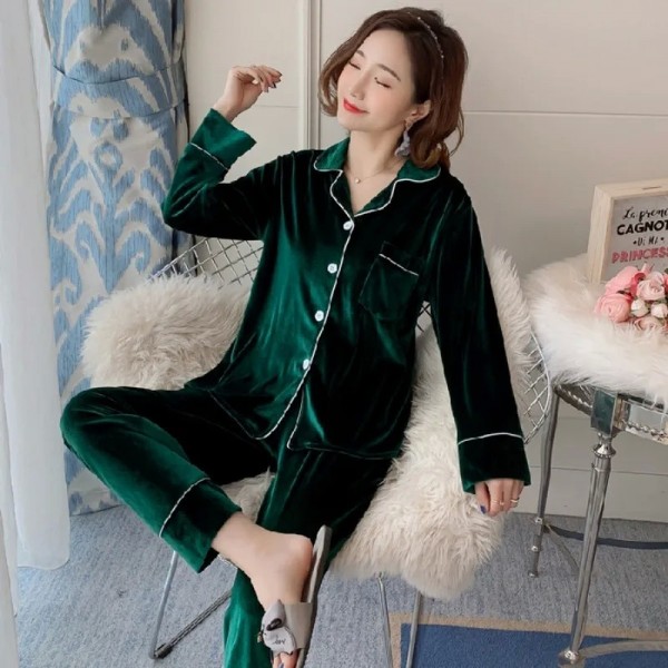 Pyjama en velours canari pour femme, cardigan à revers, ensemble 2 pièces