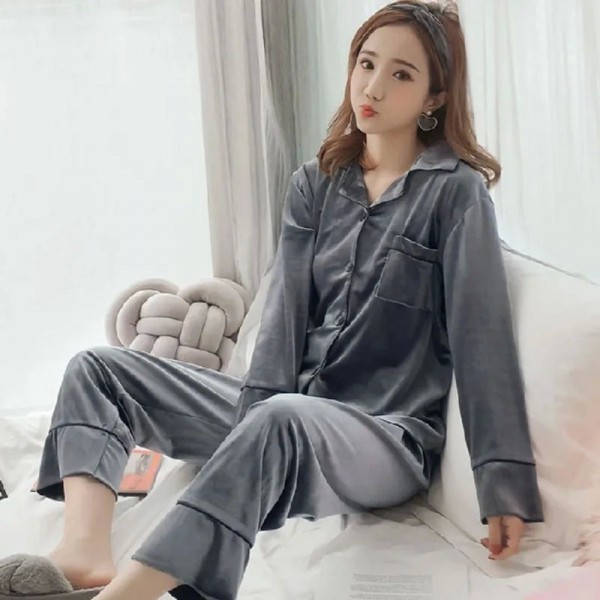 Pyjama en velours canari pour femme, cardigan à revers, ensemble 2 pièces|19,13 €|OKKO MODE