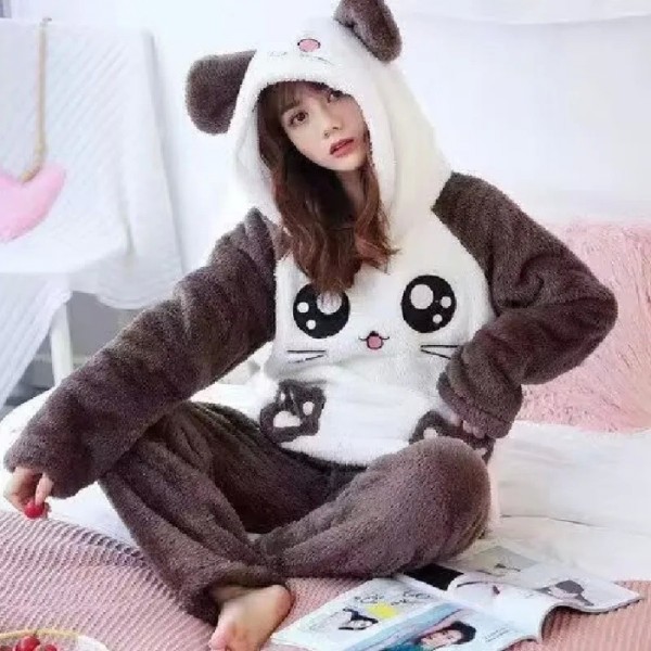 Ensemble de pyjamas à capuche et manches longues pour femmes, tenue 2 pièces avec impression mignonne