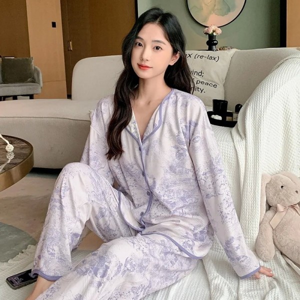 Pyjama décontracté violet clair pour femme, manches longues