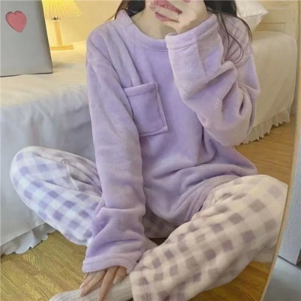 Ensemble de pyjama 2 pièces à manches longues pour femmes, imprimé mignon, vêtements en peluche|8,05 €|OKKO MODE