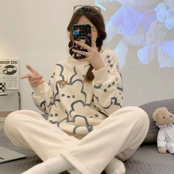 Ensemble de pyjama 2 pièces à manches longues pour femmes, imprimé mignon, vêtements en peluche