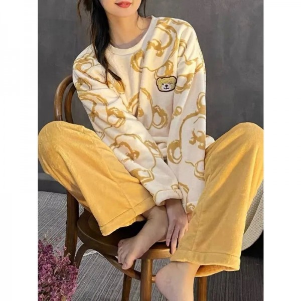 Ensemble de pyjama 2 pièces à manches longues pour femmes, imprimé mignon, vêtements en peluche|8,05 €|OKKO MODE