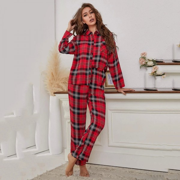 Pyjama à carreaux manches longues femmes noir rouge style mode