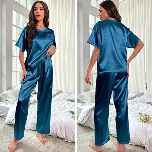 Ensemble de pyjama en satin pour femme, haut à manches courtes et pantalon long|11,04 €|OKKO MODE