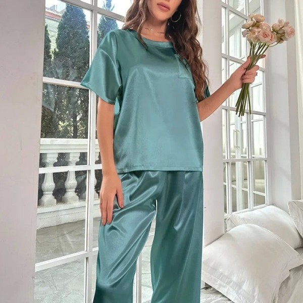 Ensemble de pyjama en satin pour femme, haut à manches courtes et pantalon long|11,04 €|OKKO MODE