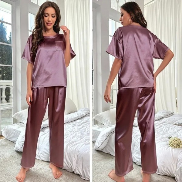 Ensemble de pyjama en satin pour femme, haut à manches courtes et pantalon long|11,04 €|OKKO MODE