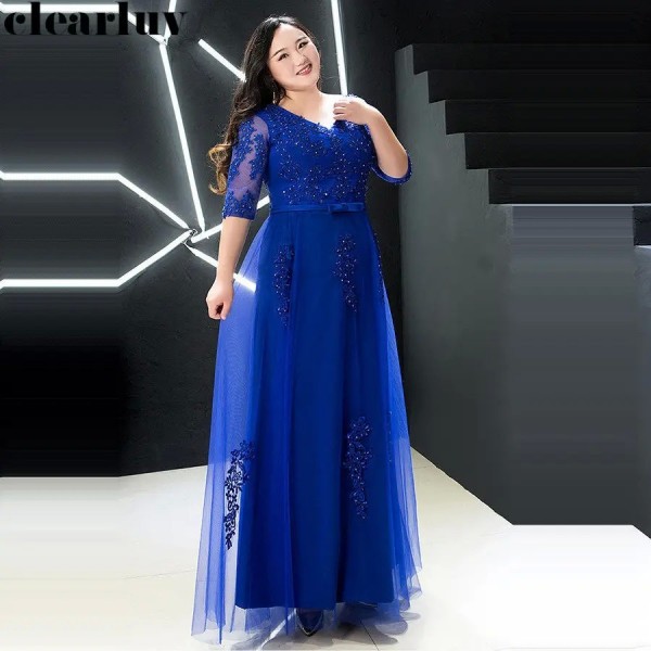 Robe de soirée à perles bleu royal pour femme, col en V, demi-manches, ligne A, longueur au sol, grande taille, robe de soirée f
