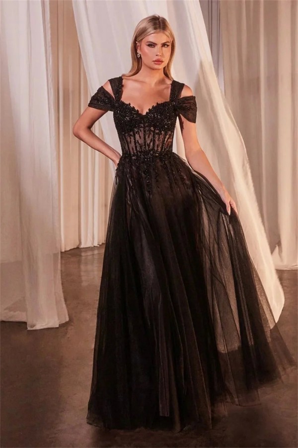 Jessica-Robe de mariée noire en dentelle brodée, robes de Rhscintillantes, robes de soirée en tulle A-Line, corset, robe éducati|132,29 €|OKKO MODE