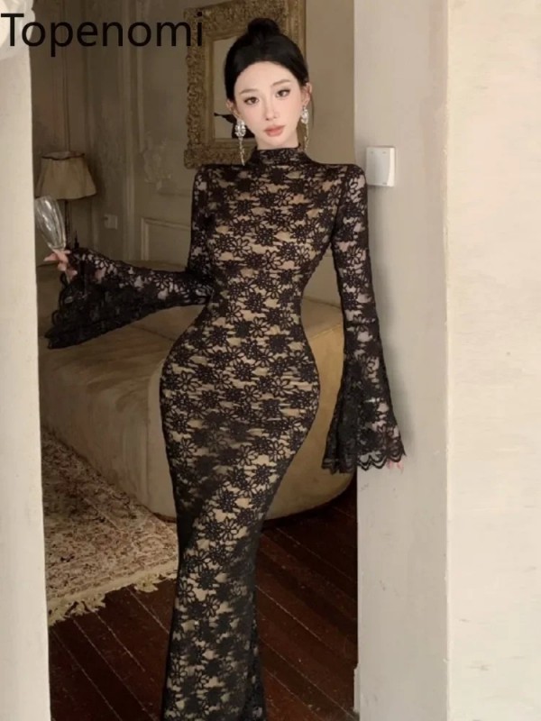 Vestido de noche sirena encaje manga larga mujer, cuello alto, elegante banquete.