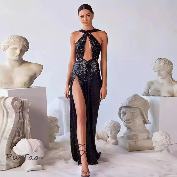Robe noire de Bal à Paillettes pour Femme, Tenue de Soirée Maxi, Dos aux, Sexy, Dos aux, Élégante