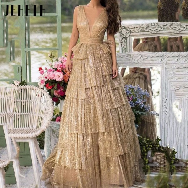 Robe scintillante avec tulle froncé, champagne, robe de soirée formelle à plusieurs niveaux, luxe|172,01 €|OKKO MODE