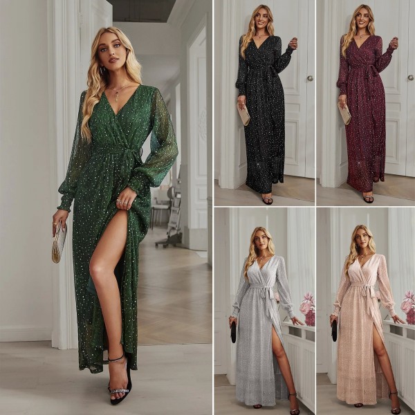 Tulle V-Neck Lace-Up Evening Dress with High Slit and Flashy Drills
