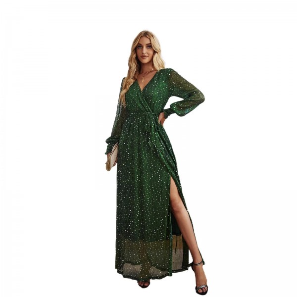 Robe de soirée en tulle à col en V pour femme, robe à lacets, fente haute, perceuse flash, printemps, automne|55,79 €|OKKO MODE