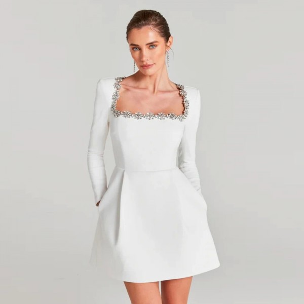 White Square Neck Diamond Bandage Mini Evening Dress for Women